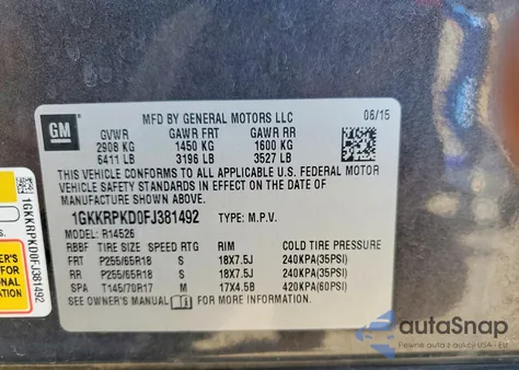 2015 GMC Acadia Sle z USA, uszkodzony, nr VIN 1GKKRPKD0FJ381492